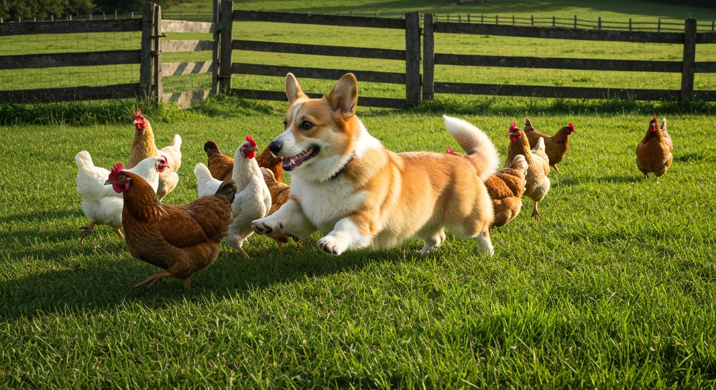 A Pembroke Welsh Corgi in a playful stance, focused intently on herding a large red toy ball in a grassy yard.