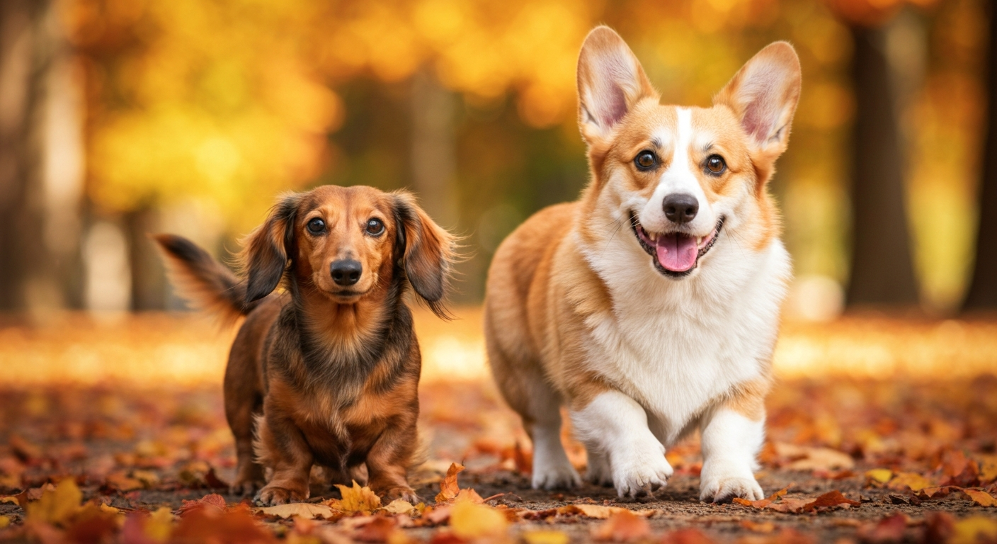 A Pembroke Welsh Corgi and a long-haired Dachshund playing together on a lawn covered in colorful autumn leaves.