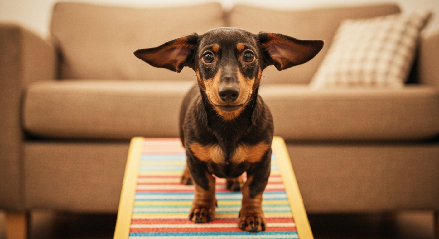 A brown smooth-coated Dachshund carefully using a small ramp to get off a couch in a living room.