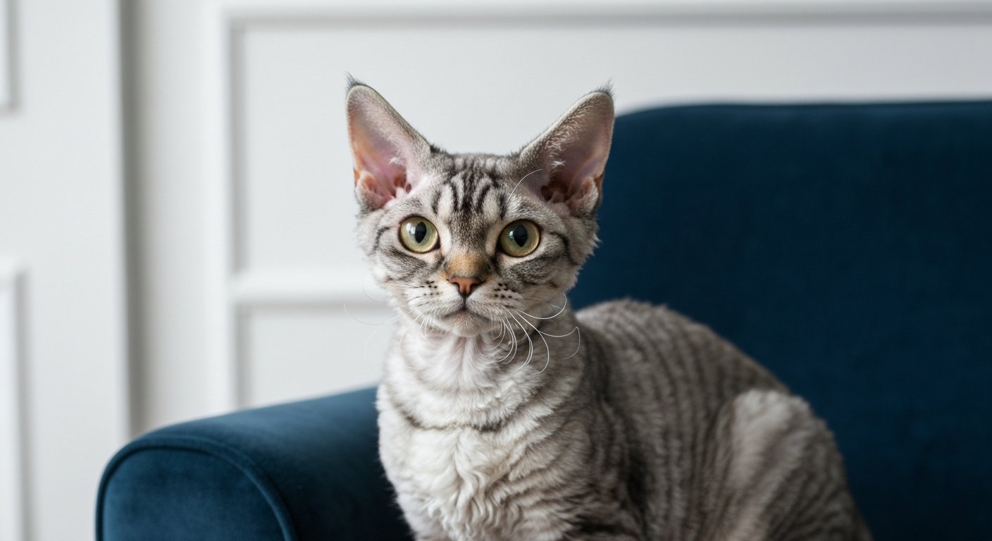 A beautiful silver tabby Devon Rex cat with large ears and a curly coat sits on a chair, looking intently at the viewer.