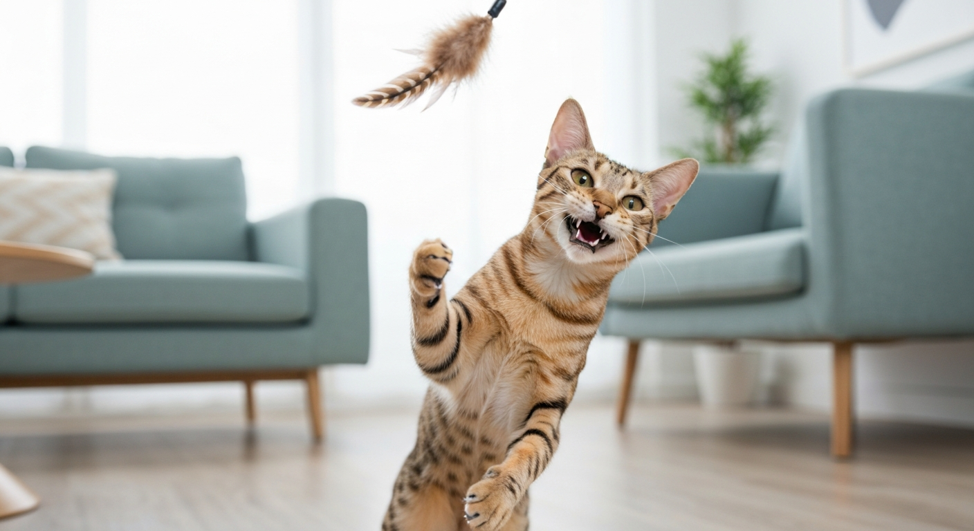 A playful Devon Rex cat with a curly white and brown coat leaping in the air to catch a feather toy inside a sunlit home.