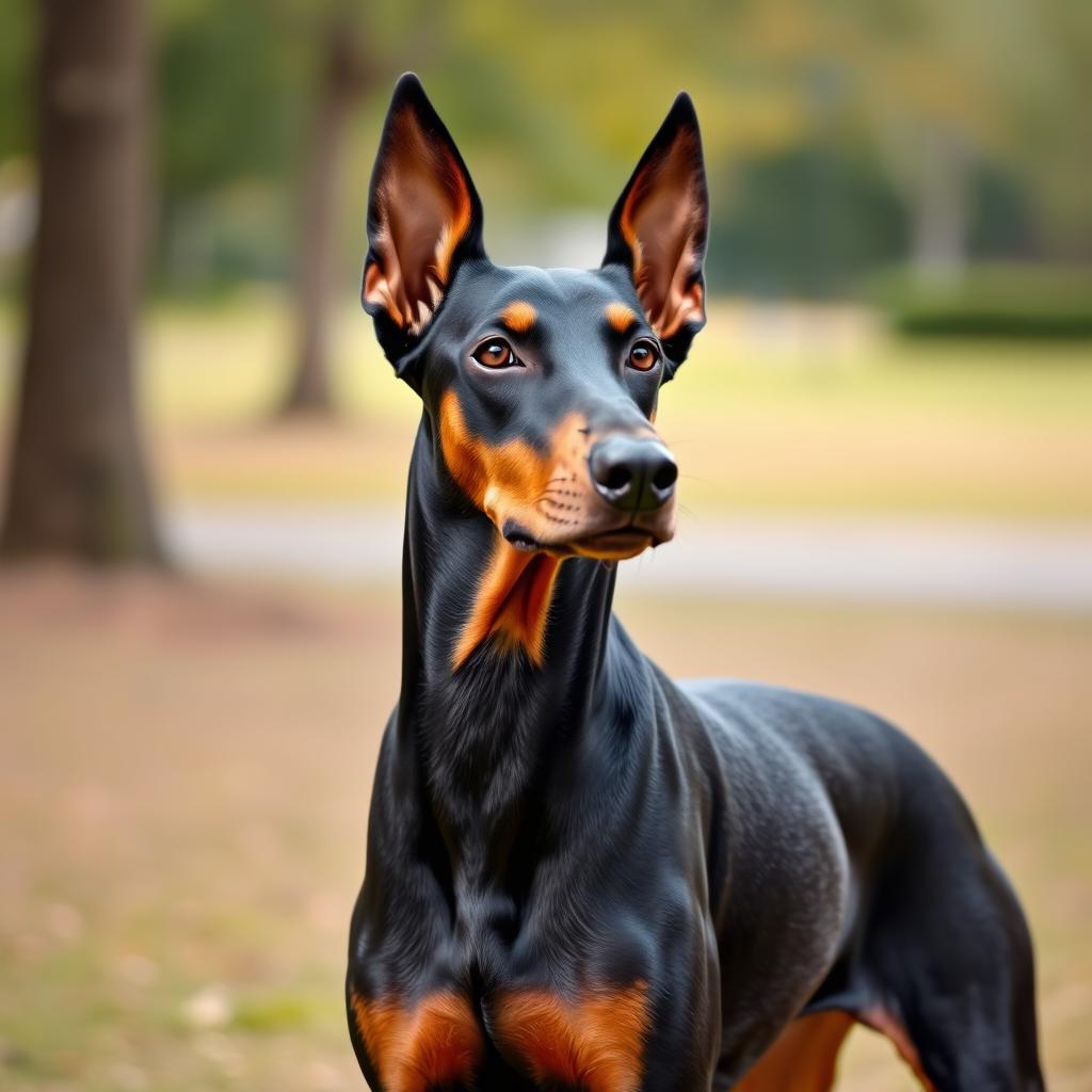 A strong, alert Doberman Pinscher standing outdoors in a park setting.