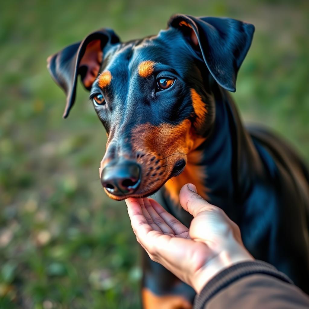 A Doberman Pinscher nudging its owner's hand, indicating a desire for interaction.