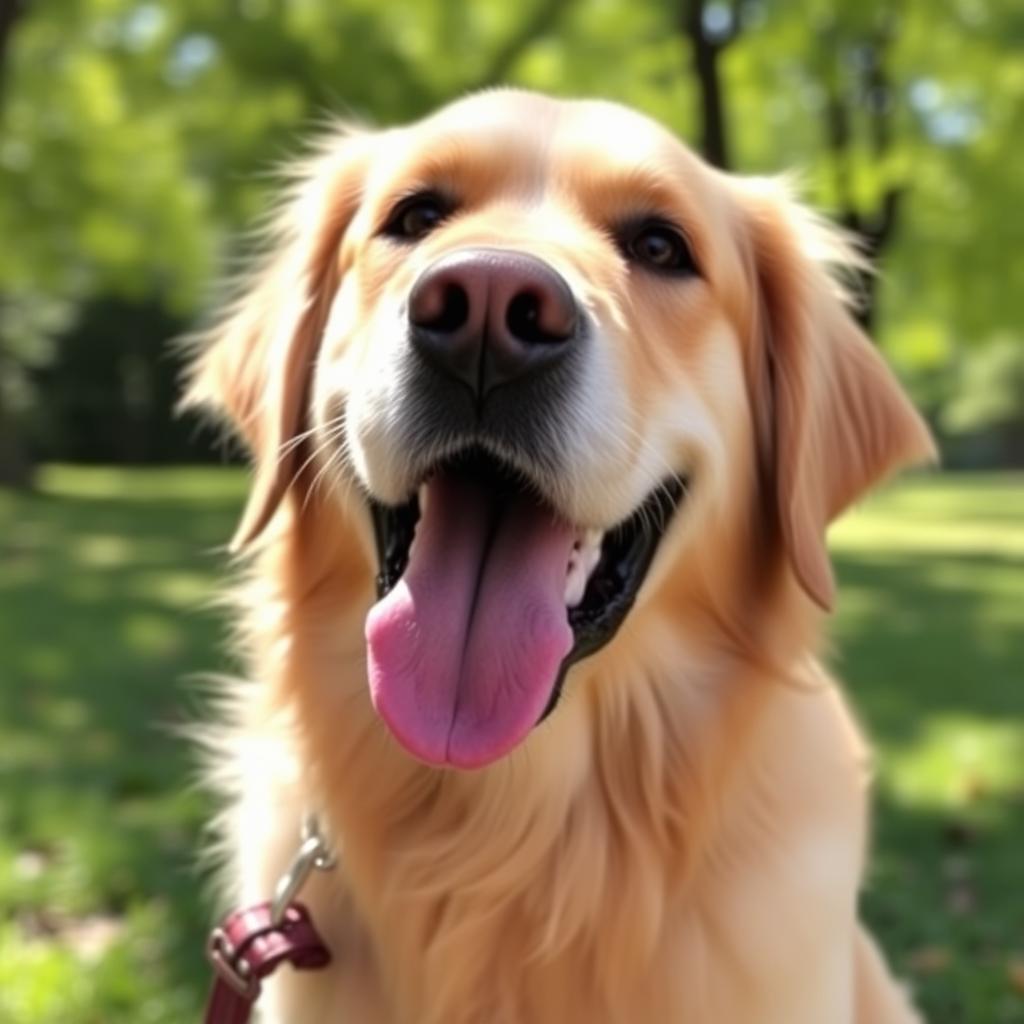 A happy Golden Retriever dog sitting in a sunny park, looking directly at the camera with its mouth slightly open, showing healthy teeth and gums.