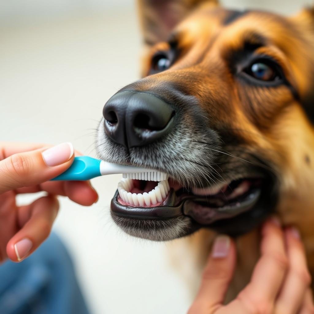 A person's hands holding a dog toothbrush and applying toothpaste to the teeth of a German Shepherd dog. The dog is looking calmly ahead.