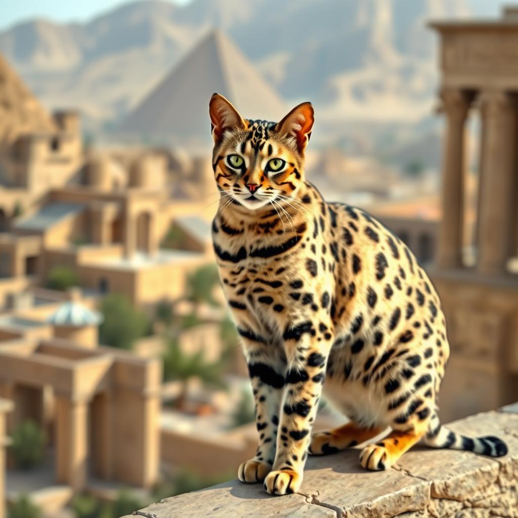 An adult Egyptian Mau cat with distinctive spots on its coat stands regally on a stone ledge.
