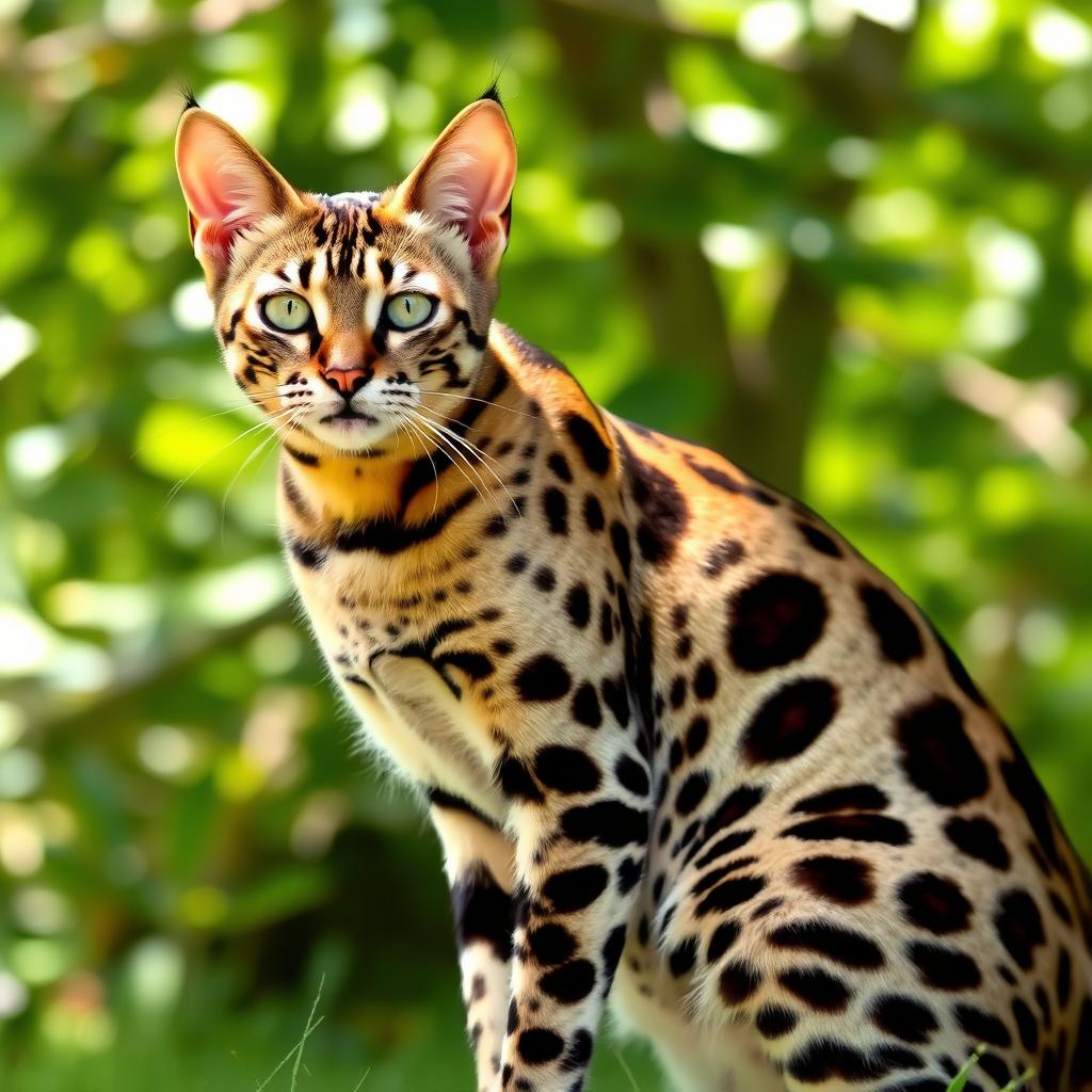 An Egyptian Mau cat stands alertly on a textured surface, its spotted coat clearly visible under soft lighting. The cat looks directly forward with intelligent eyes.