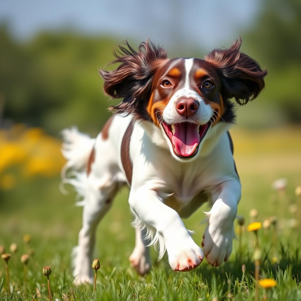 An adult English Springer Spaniel dog is running joyfully through a bright green meadow, its ears trailing behind.