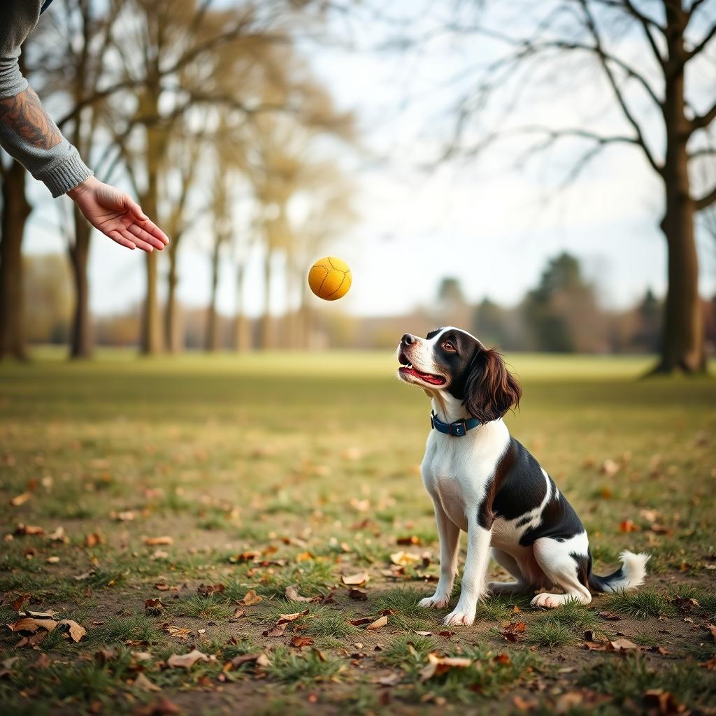 A person throwing a tennis ball for an English Springer Spaniel, with the dog looking focused and ready to fetch.