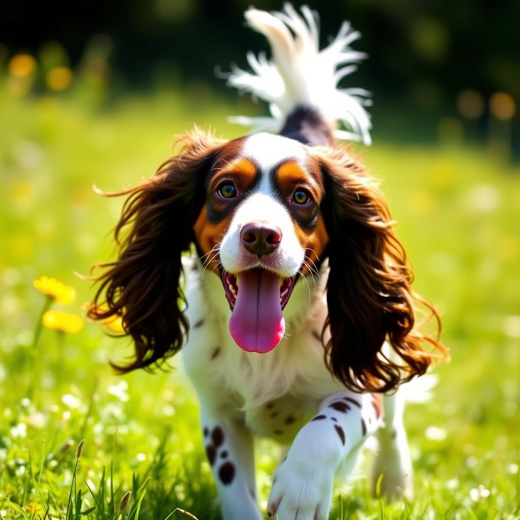 An English Springer Spaniel in mid-stride across a green field, showcasing its distinctive long, pendulous ears and happy demeanor.