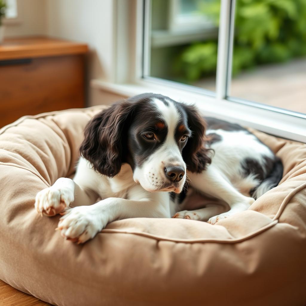 A mature English Springer Spaniel resting on a plush dog bed, with soft natural light illuminating its coat and a relaxed, peaceful expression.
