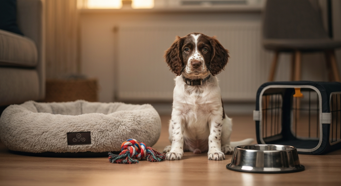 A fluffy, adorable 10-week-old liver and white English Springer Spaniel puppy sitting proudly in a c