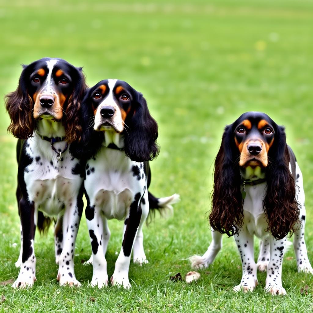 An English Springer Spaniel and a Cocker Spaniel standing next to each other in a park, showcasing their different sizes and ear lengths.