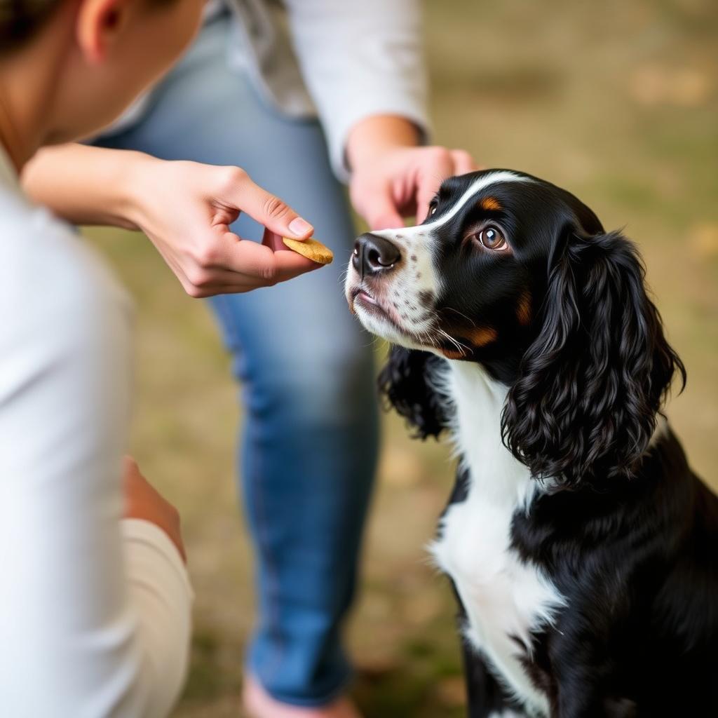 A person training an English Springer Spaniel using positive reinforcement.