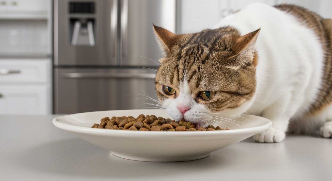 A cream-colored Exotic Shorthair cat with a flat face eats kibble from a shallow, tilted food bowl designed for brachycephalic breeds.