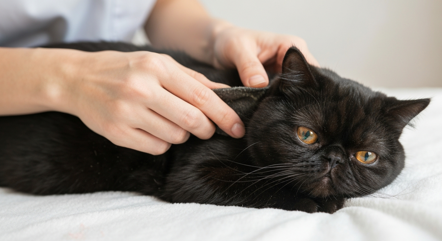 A person's hands carefully cleaning the tear stains below the eye of a gray Exotic Shorthair cat using a cotton pad.