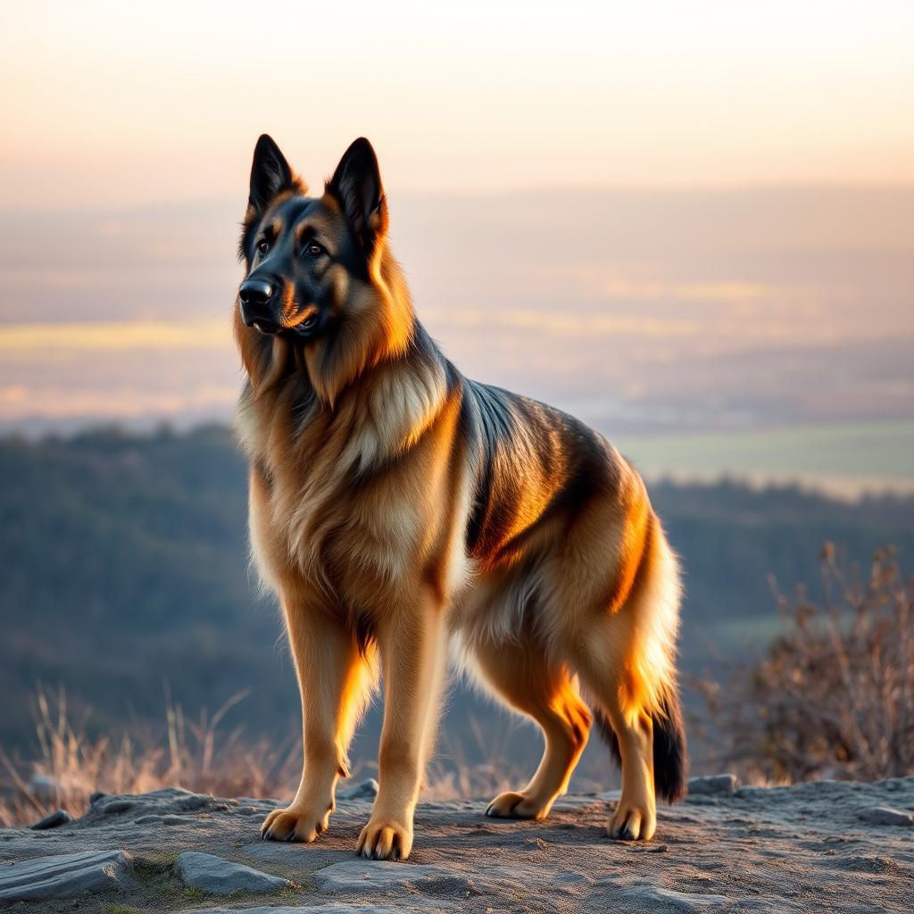 An alert, adult German Shepherd stands majestically on a rocky overlook, its thick double coat gleaming in the golden hour sunlight.