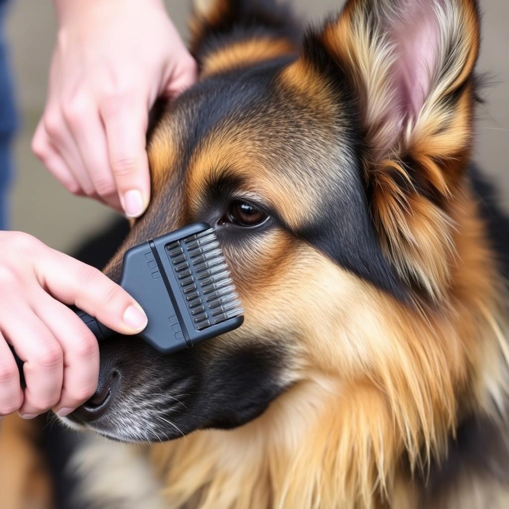 A person uses a slicker brush to groom a relaxed German Shepherd, effectively removing loose undercoat from its dense fur.
