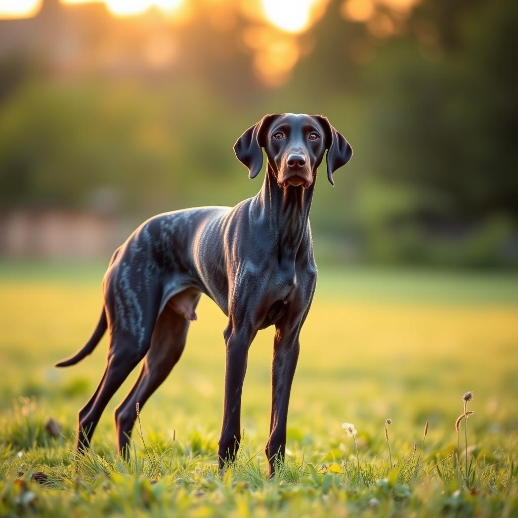 A German Shorthaired Pointer dog standing alert in a grassy field with a muscular build.