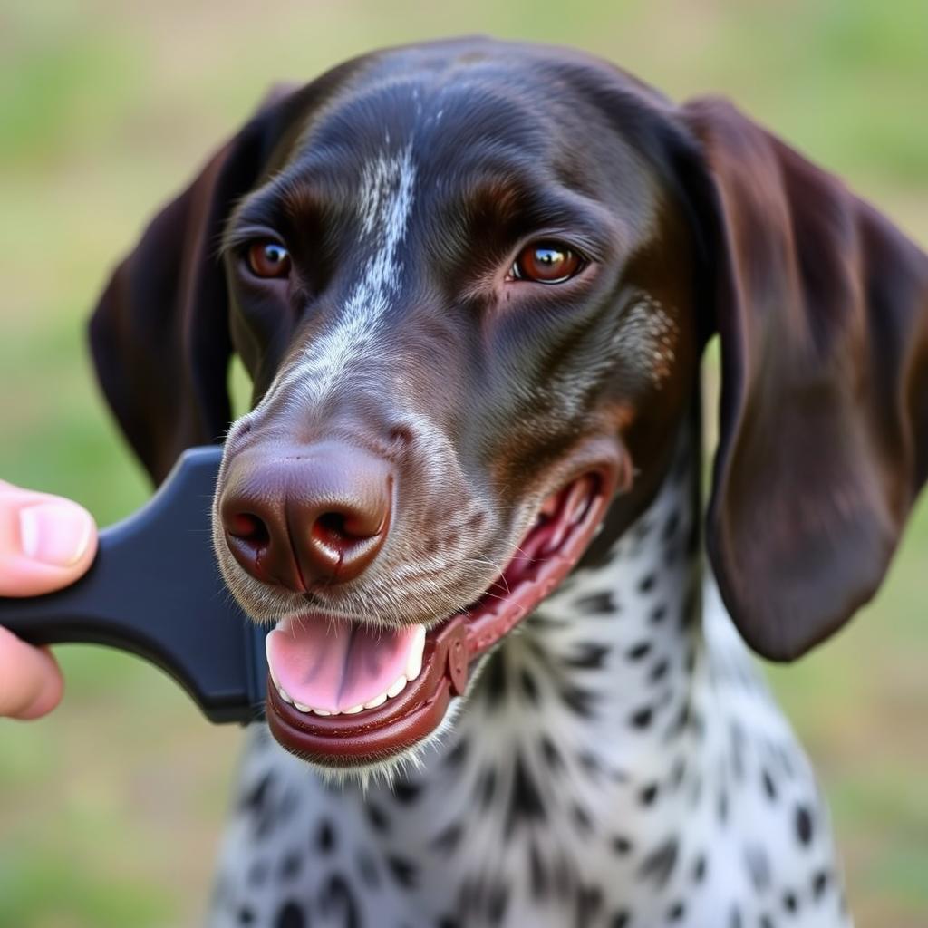 A person brushing the coat of a German Shorthaired Pointer with a rubber curry brush.