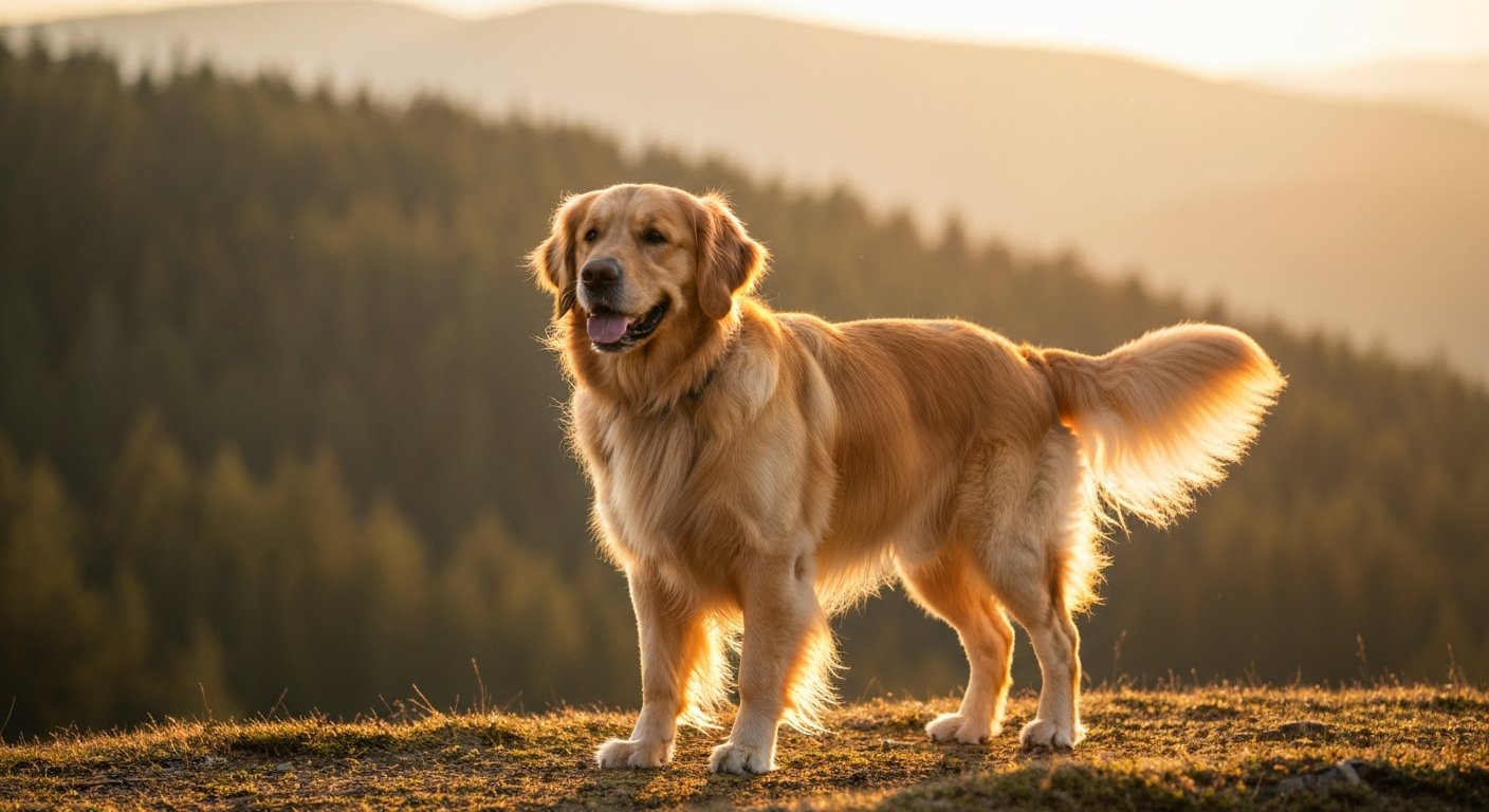 A beautiful Golden Retriever with a shiny golden coat stands on a grassy hill, looking out over a scenic landscape during a stunning sunset.