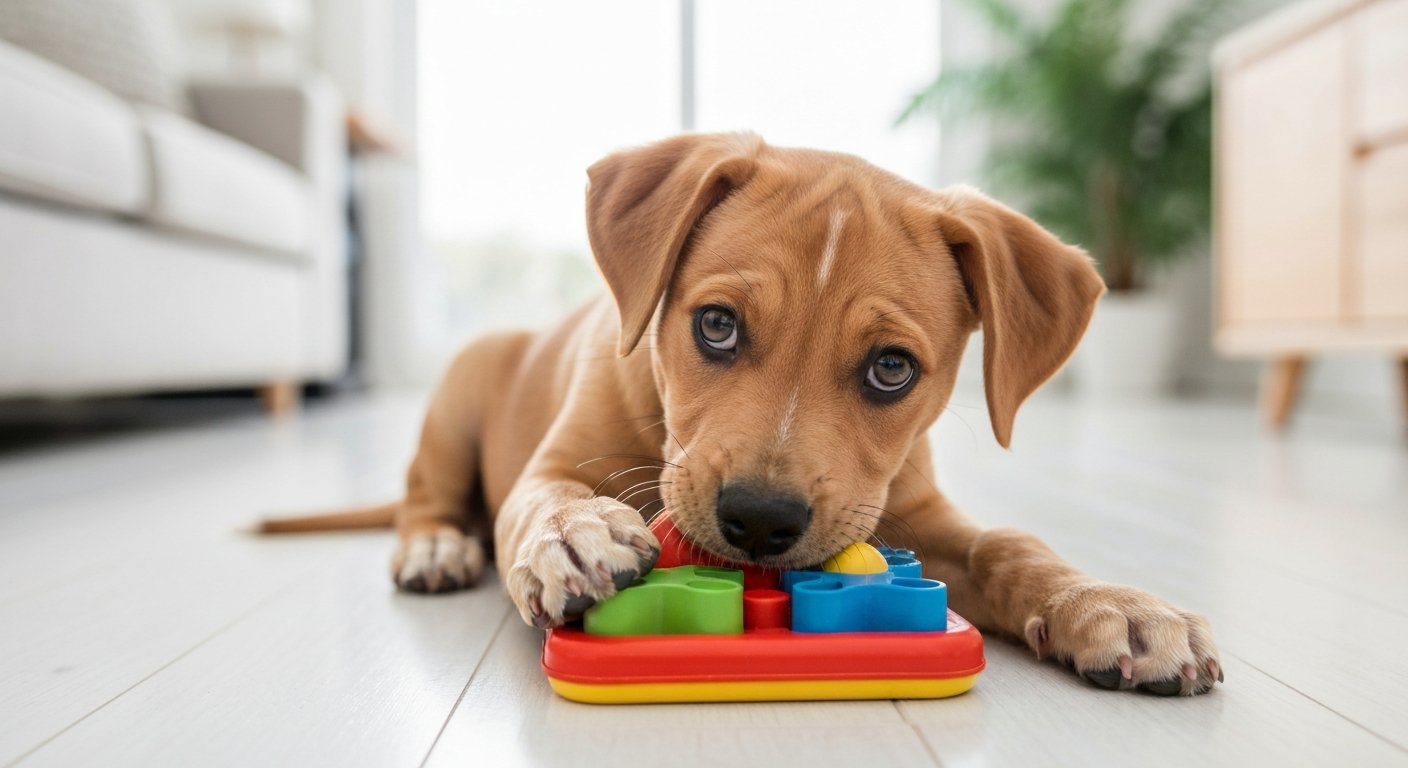 A small Golden Retriever puppy lies on a hardwood floor, intently focused on chewing a blue and yellow enrichment toy.