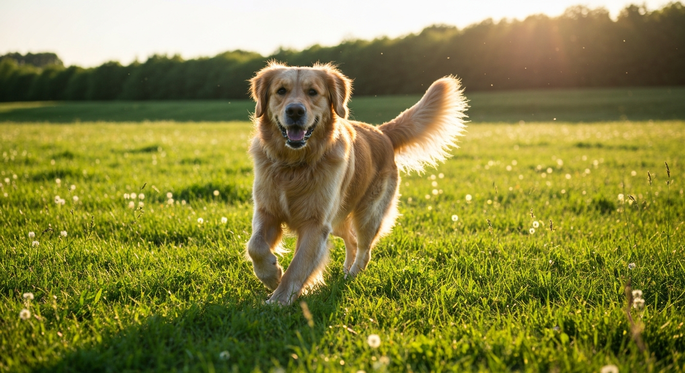 A majestic domestic Golden Retriever running energetically through a sunny green field.