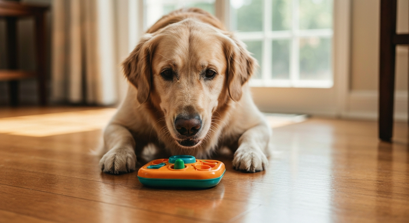 A domestic Golden Retriever interacting with a wooden food puzzle toy on a living room floor.