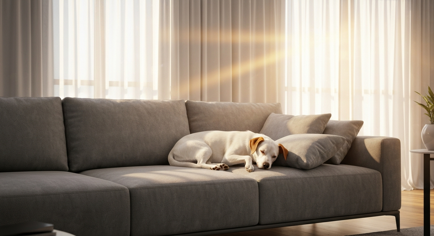 A huge harlequin Great Dane with black and white patches sleeps soundly on a comfortable living room couch.