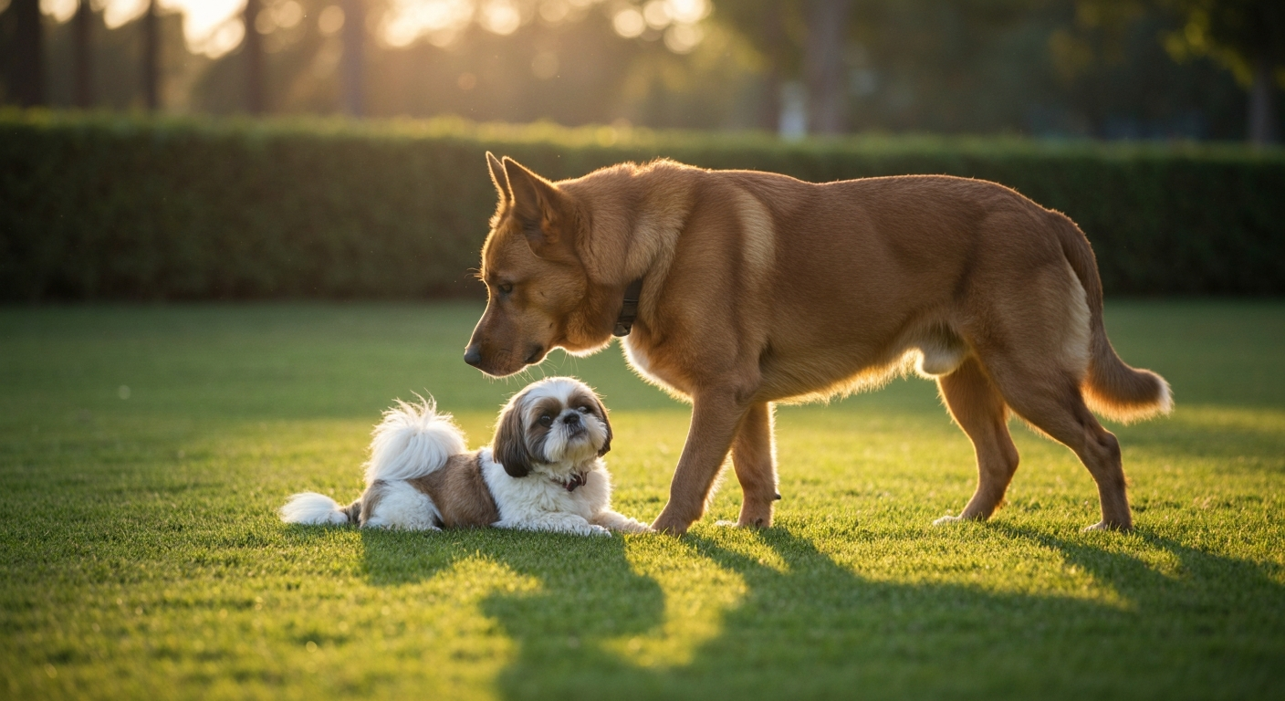 A very large fawn Great Dane and a tiny Shih Tzu standing together on a vibrant green lawn, highlighting their extreme size difference.