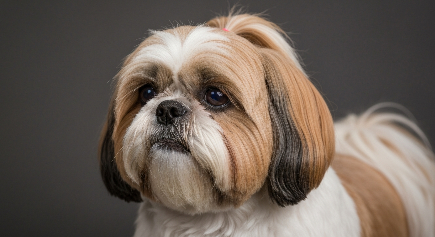 A person carefully grooming a Shih Tzu's long facial hair with a fine-toothed comb.