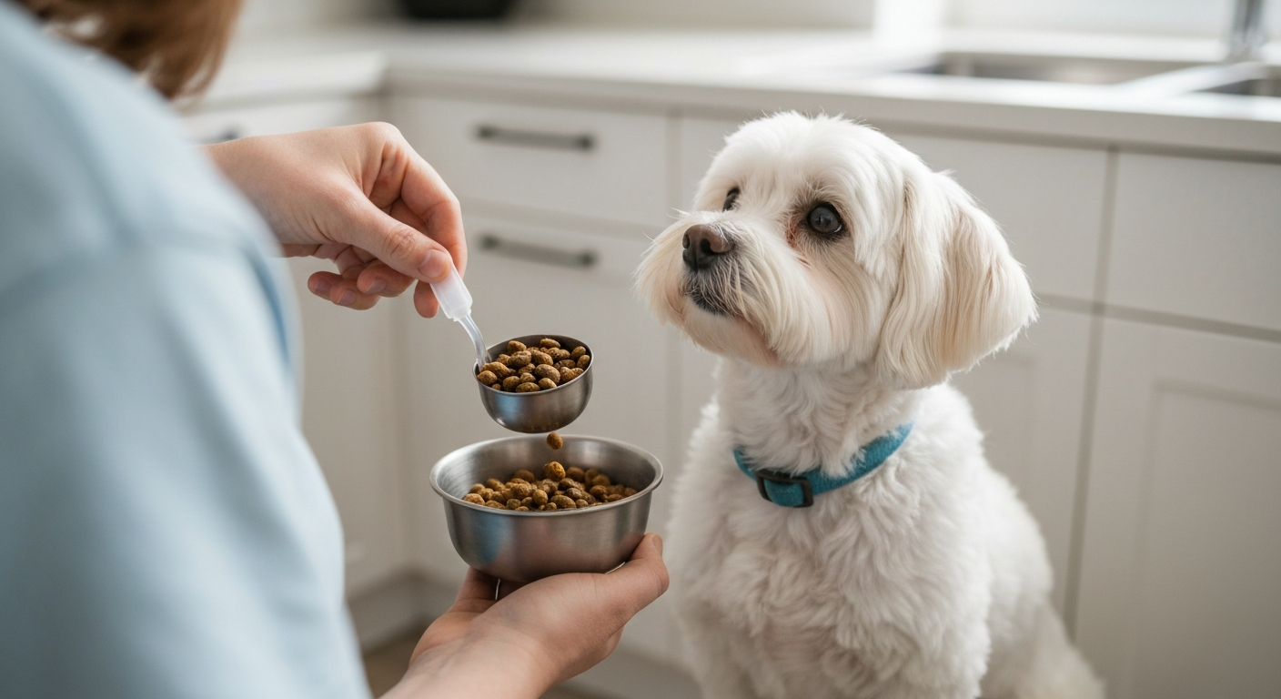 A person scooping small-breed dog food into a bowl while a white Havanese dog watches eagerly.