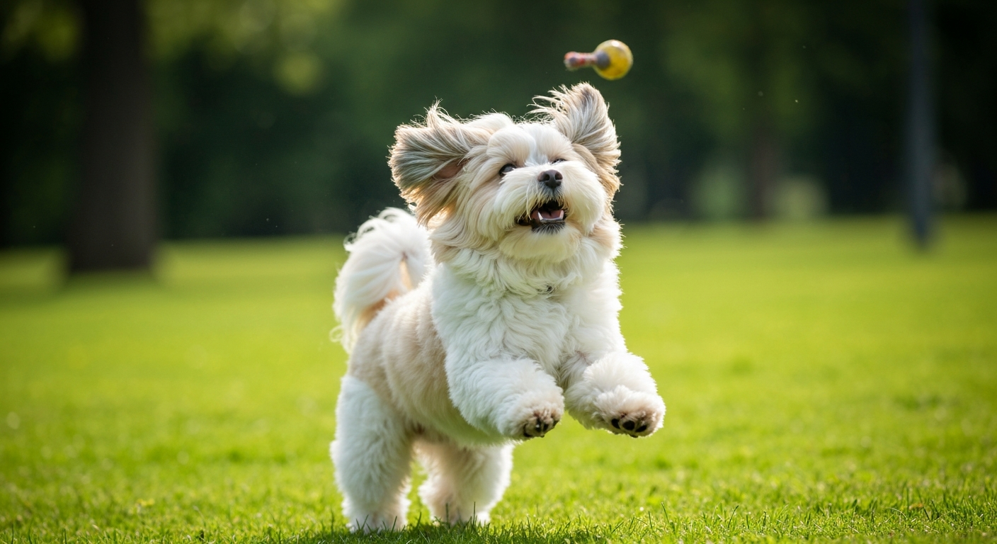 A fluffy white and tan Havanese dog in mid-air, catching a toy in a sunny park.
