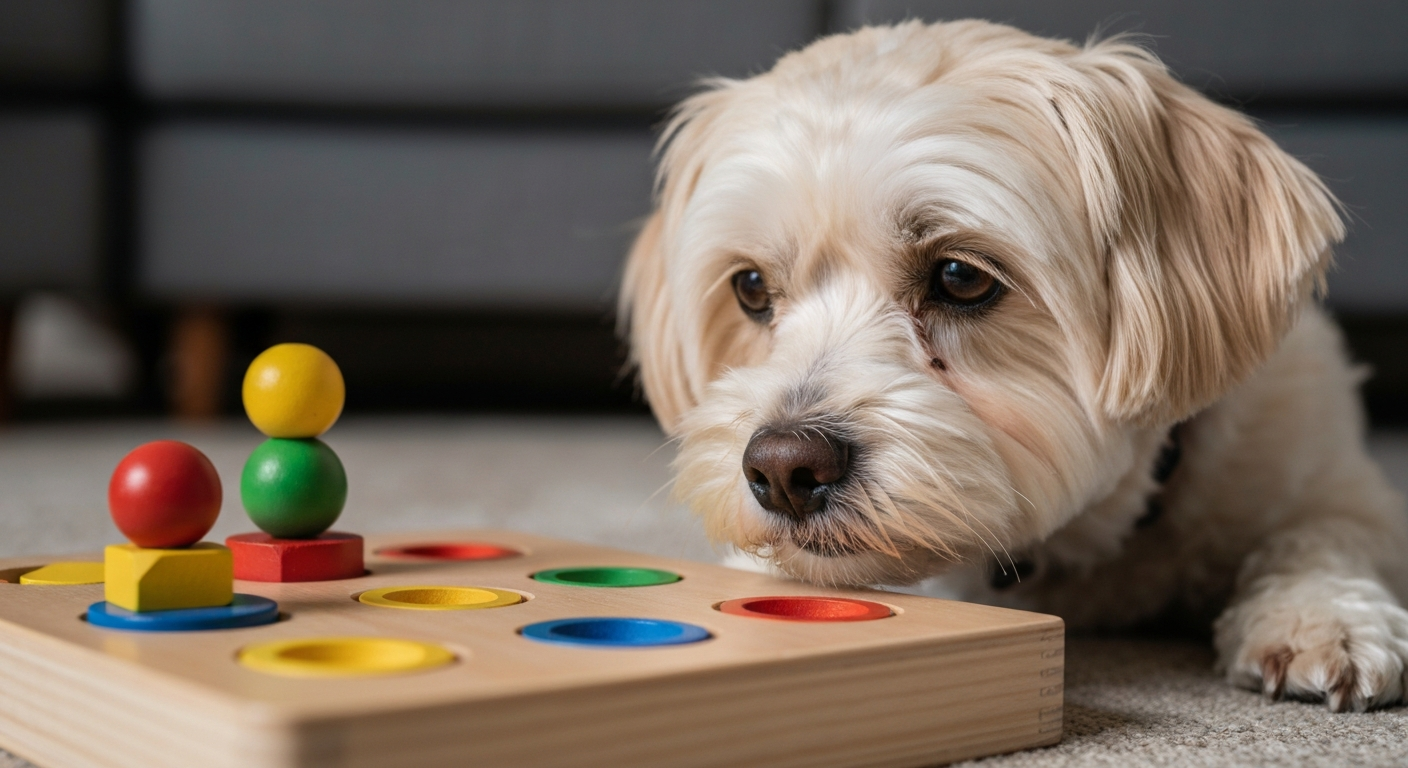 A cream-colored Havanese dog uses its nose to solve a colorful puzzle toy on a wooden floor.