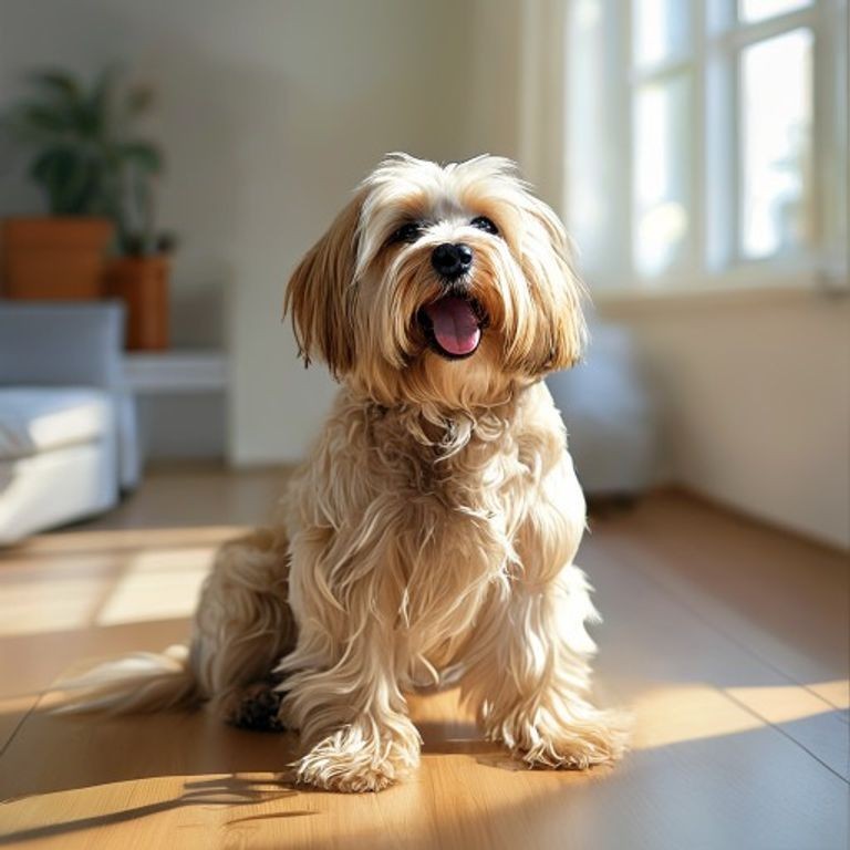 A fluffy Havanese dog sitting happily in a bright, sunlit room