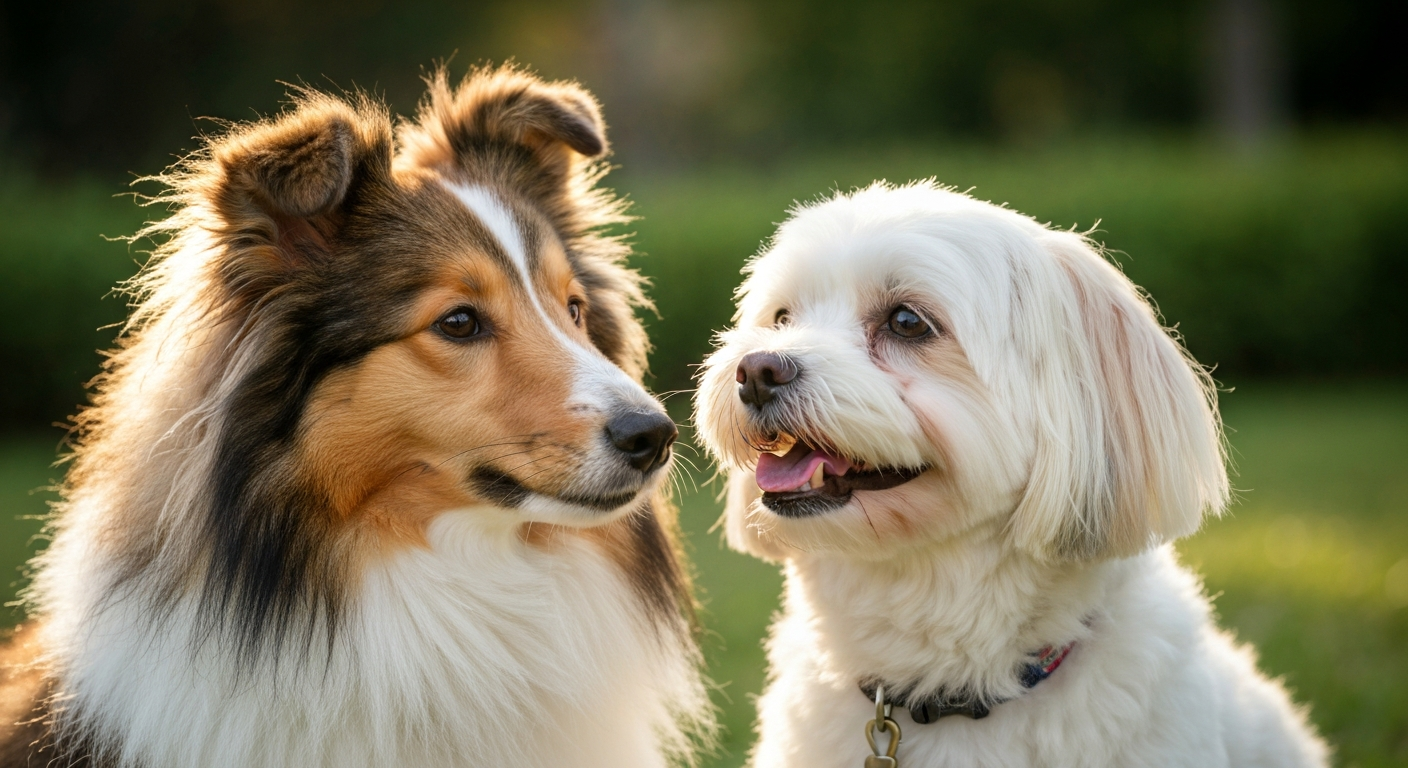 A sable and white Shetland Sheepdog and a white Havanese sitting side-by-side in a green garden during a sunny day.