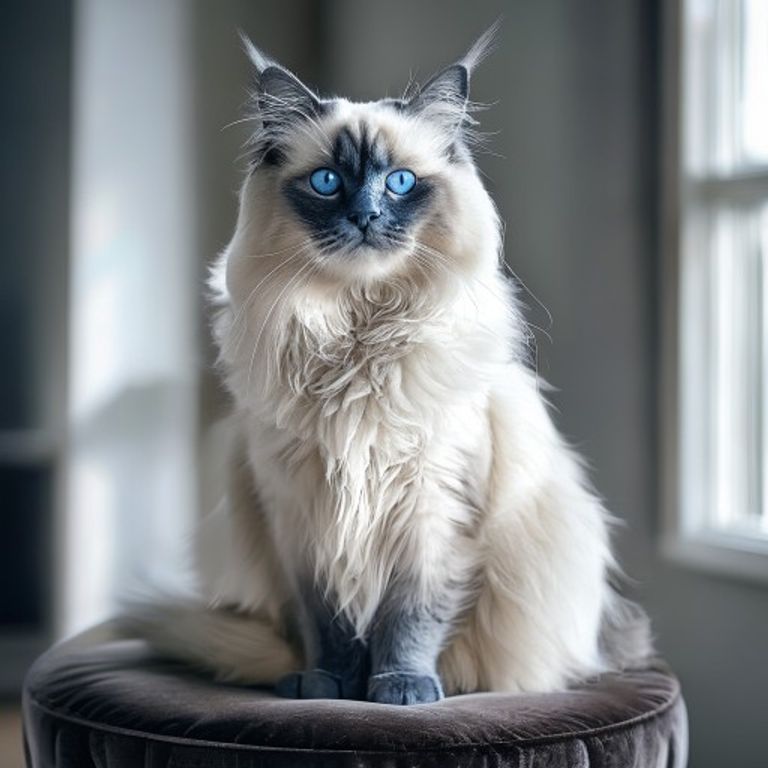 A fluffy blue point Himalayan cat with long cream-colored fur and bright blue eyes sitting elegantly on a dark blue velvet stool.