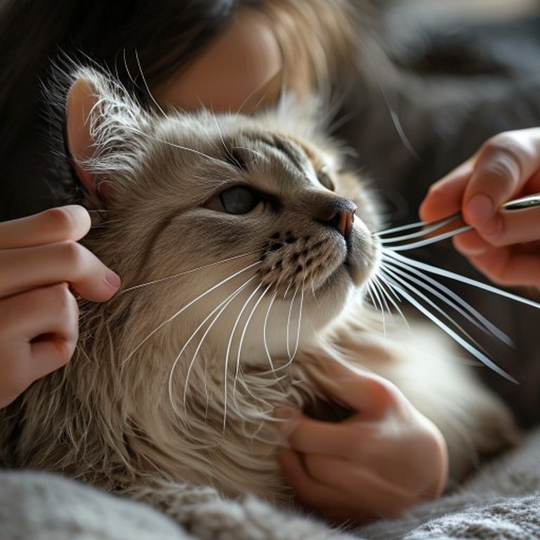 A close-up of hands using a metal comb to groom the thick undercoat of a seal point Himalayan cat.