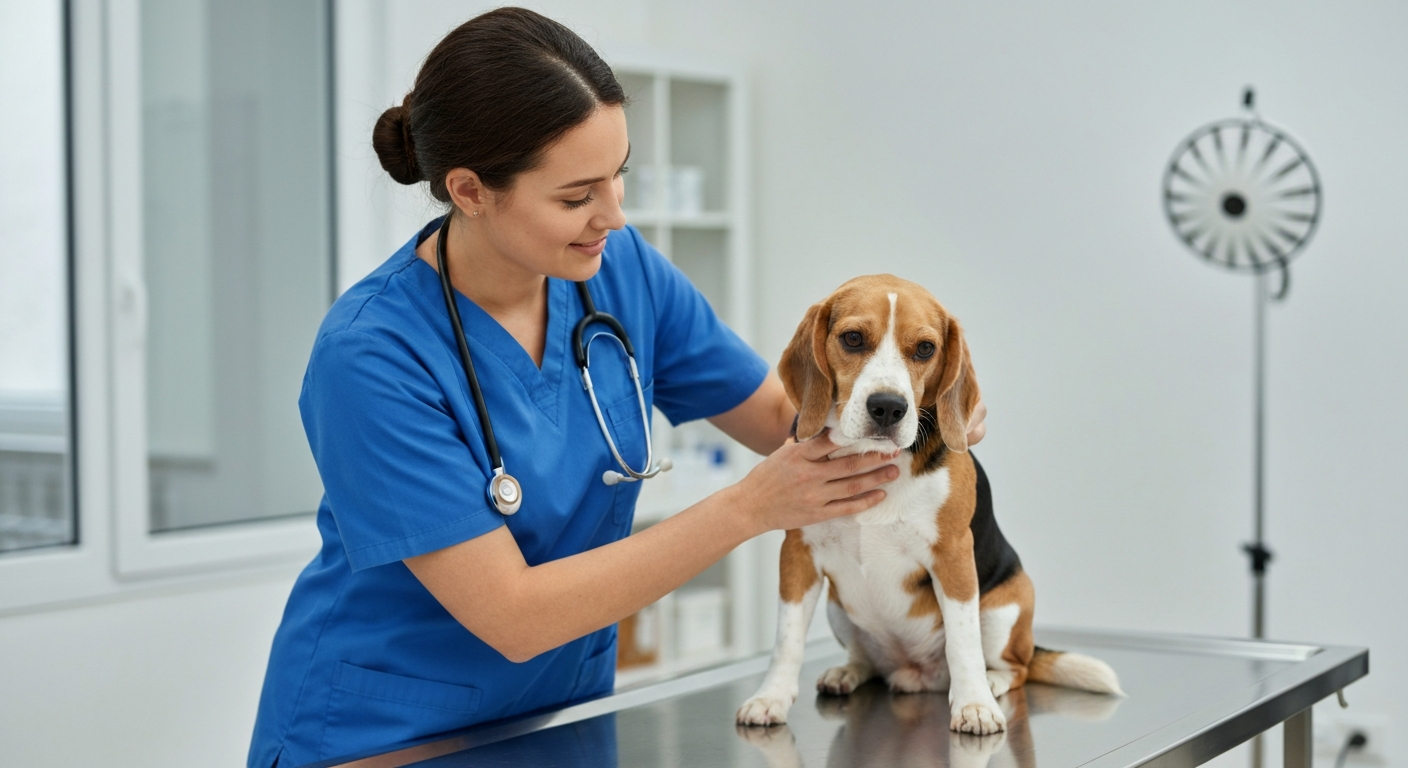 A compassionate, friendly female veterinarian in her late 30s wearing blue scrubs gently examines a 