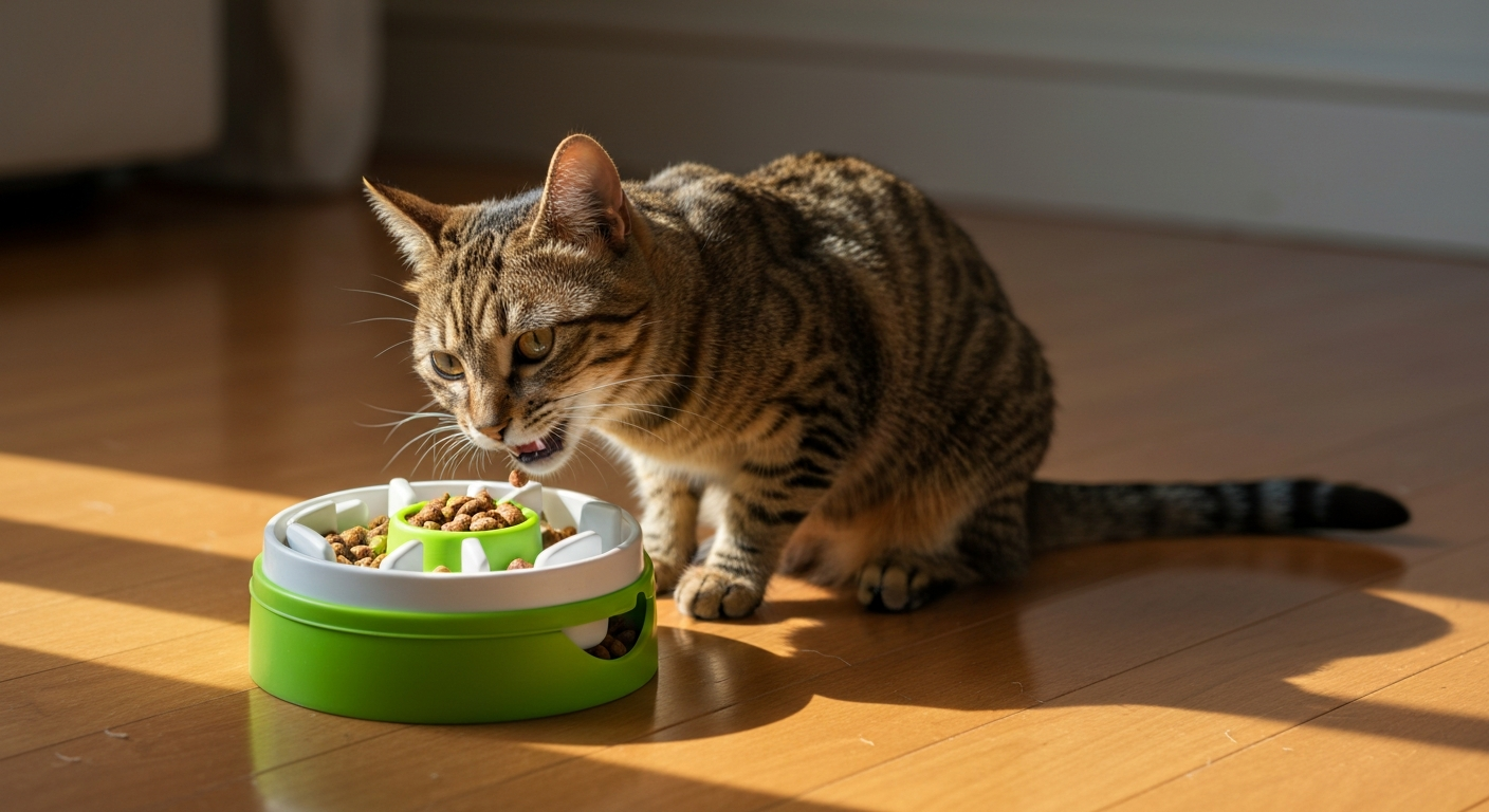 A domestic tabby cat focused on solving a slow-feeder puzzle toy.