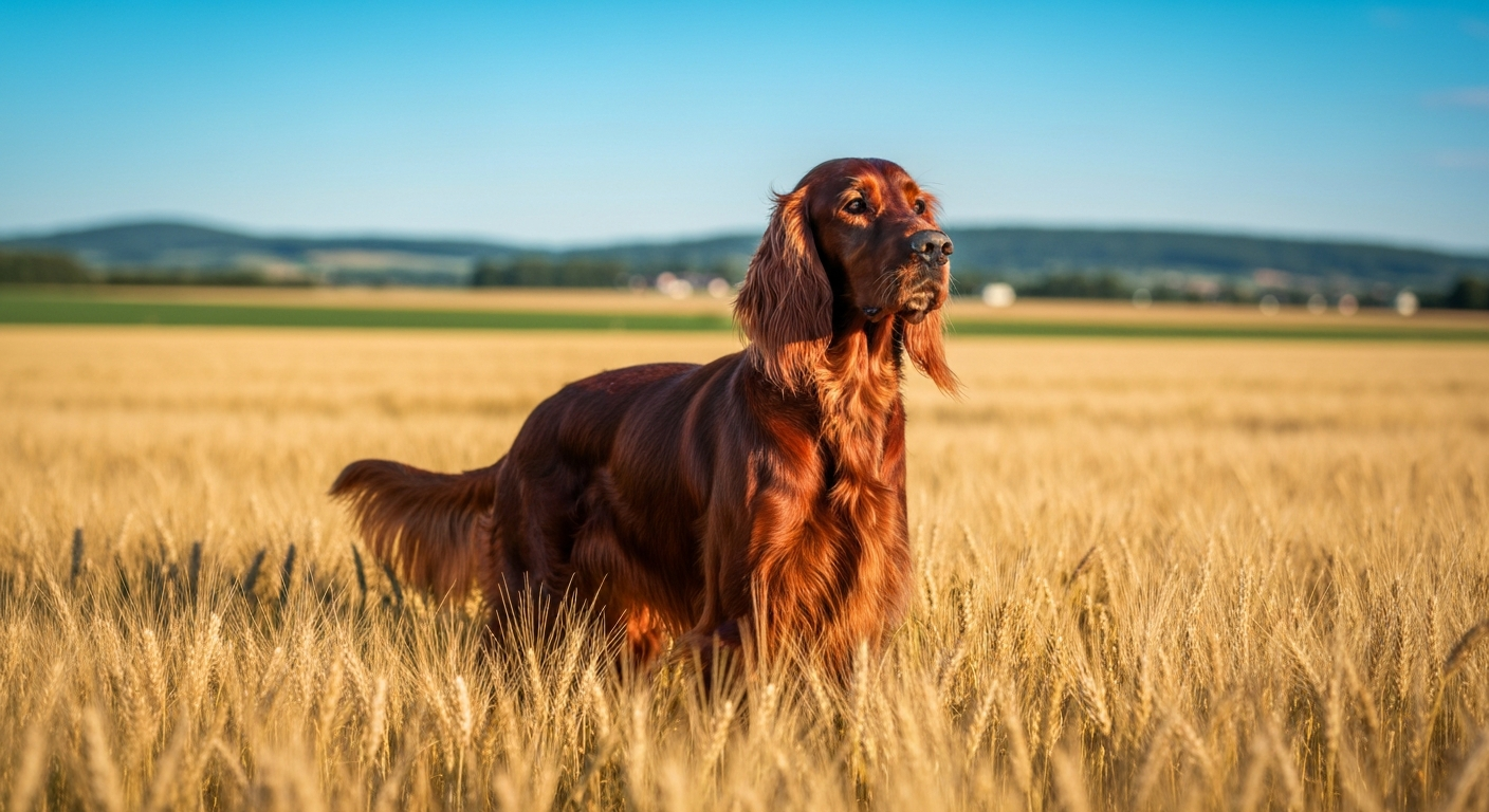 A beautiful adult Irish Setter with a shiny red coat standing in a golden field during autumn.