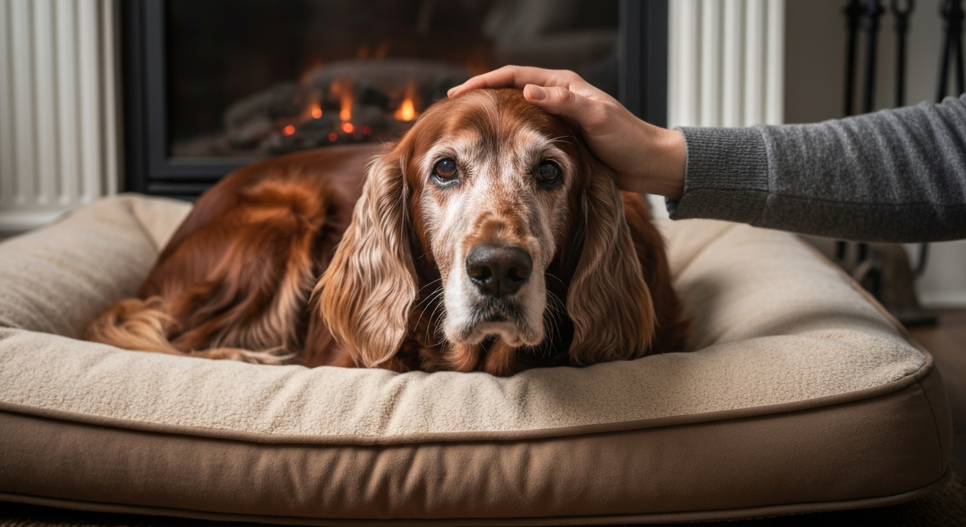 A senior Irish Setter with a gray muzzle rests on a comfortable dog bed while a person's hand pets its head.