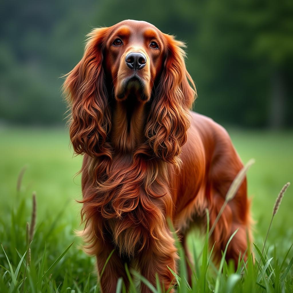 A proud Irish Setter with a gleaming auburn coat stands tall in a misty green meadow.