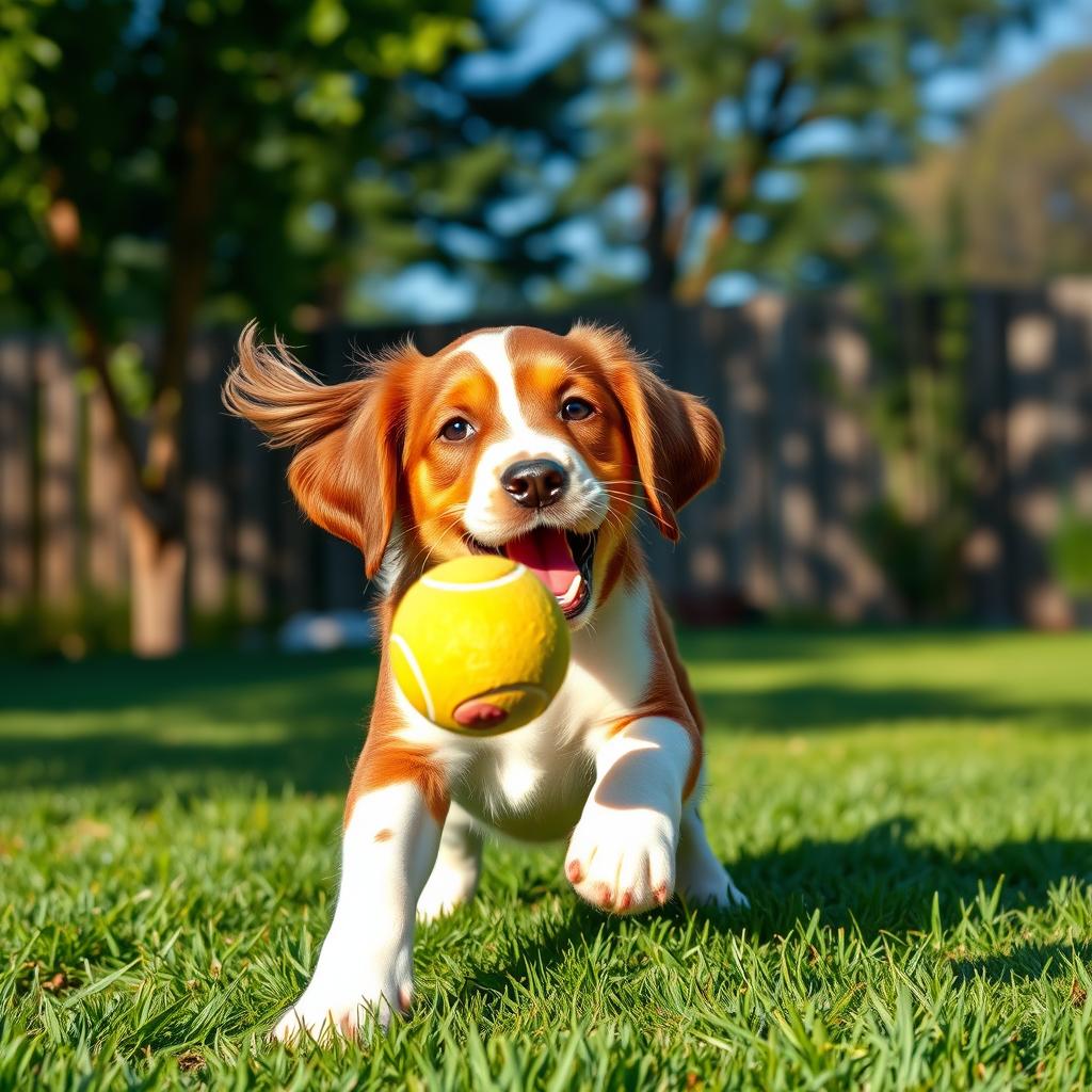 An excited Irish Setter puppy leaps to catch a tennis ball.