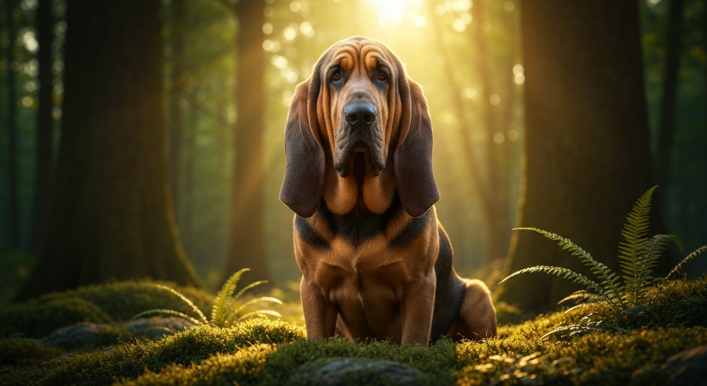 A full-body shot of a liver-and-tan colored Bloodhound sitting calmly in a forest, looking slightly to the side with its long ears hanging down.