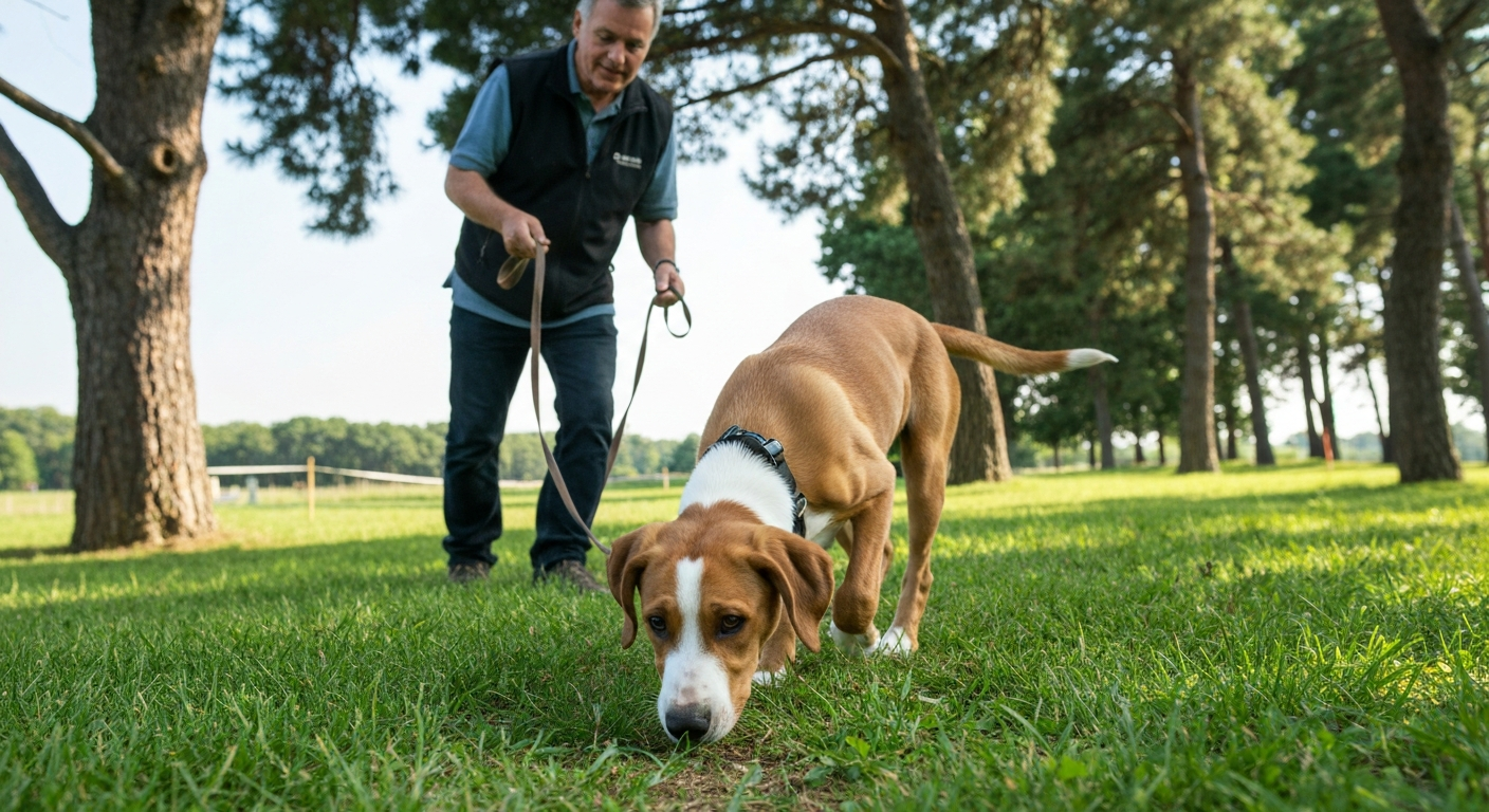 A young Bloodhound puppy with its nose pressed to the grass, focused on a scent, while its owner holds the end of a long training lead.