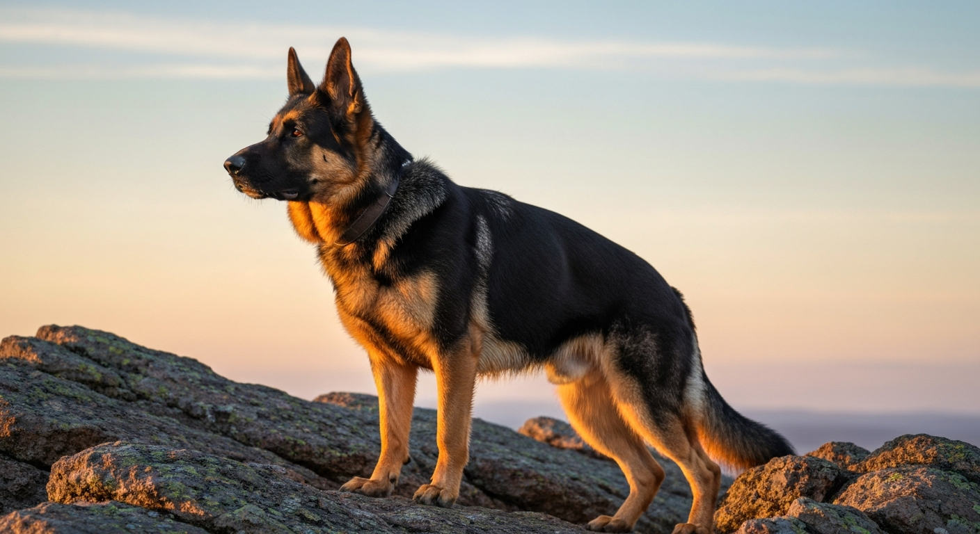 A majestic black and tan German Shepherd stands proudly on a mountain overlook during a beautiful sunrise.