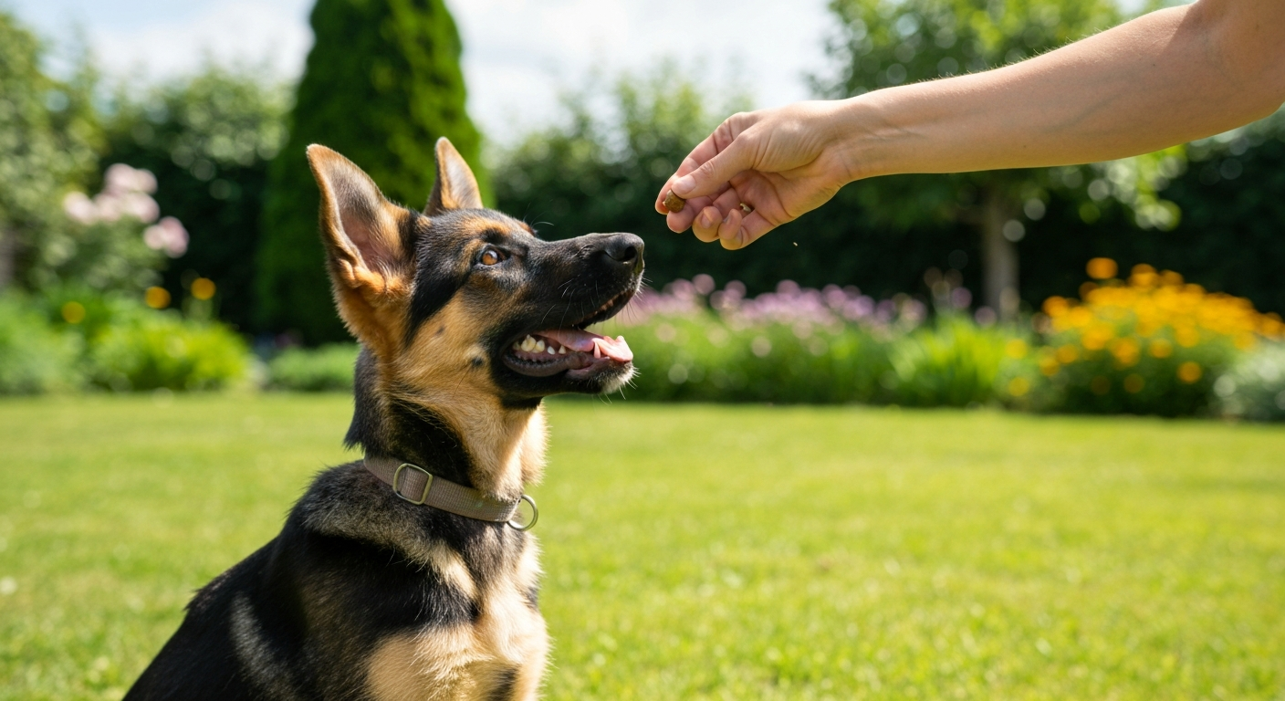 A young German Shepherd puppy sits obediently on a lush green lawn, looking up at a person's hand holding a treat during a training exercise.