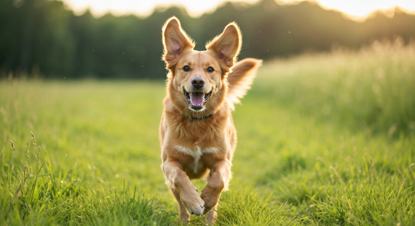 A happy Golden Retriever dog running at full speed across a vibrant green field in the sunshine.