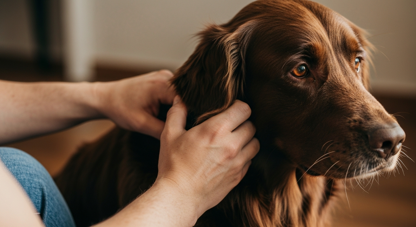 A person using a slicker brush on the dense double coat of a Golden Retriever.